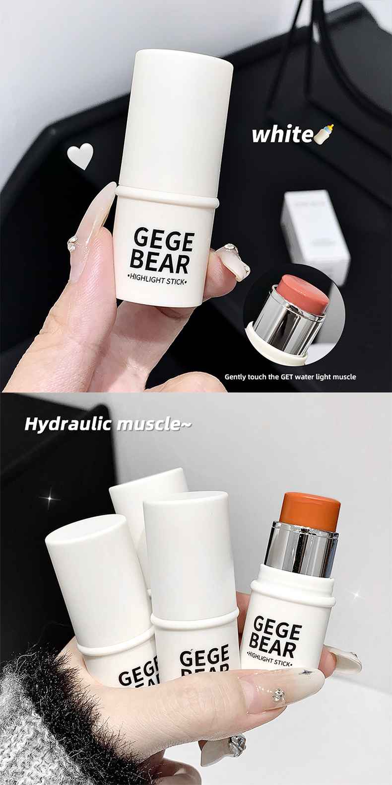 Hand holding GEGER BEAR Blushes with a black background featuring the brand logo.