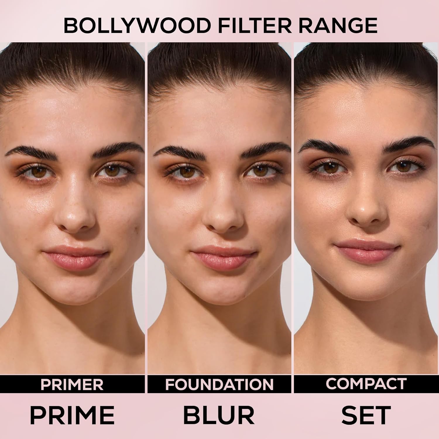 Bollywood filter range showing primer, foundation, and compact steps on a model's face.