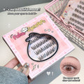 Box of false eyelashes with a hand holding it and an inset showing an eye with the lashes applied.