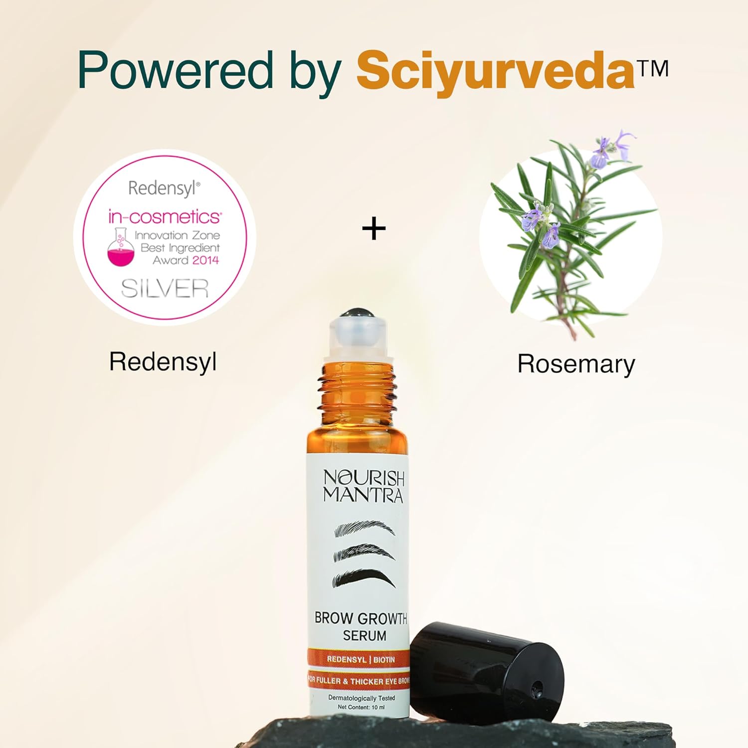 Brow growth serum with Redensyl and Rosemary ingredients, branded 'Nourish Mantra', on a light beige background.