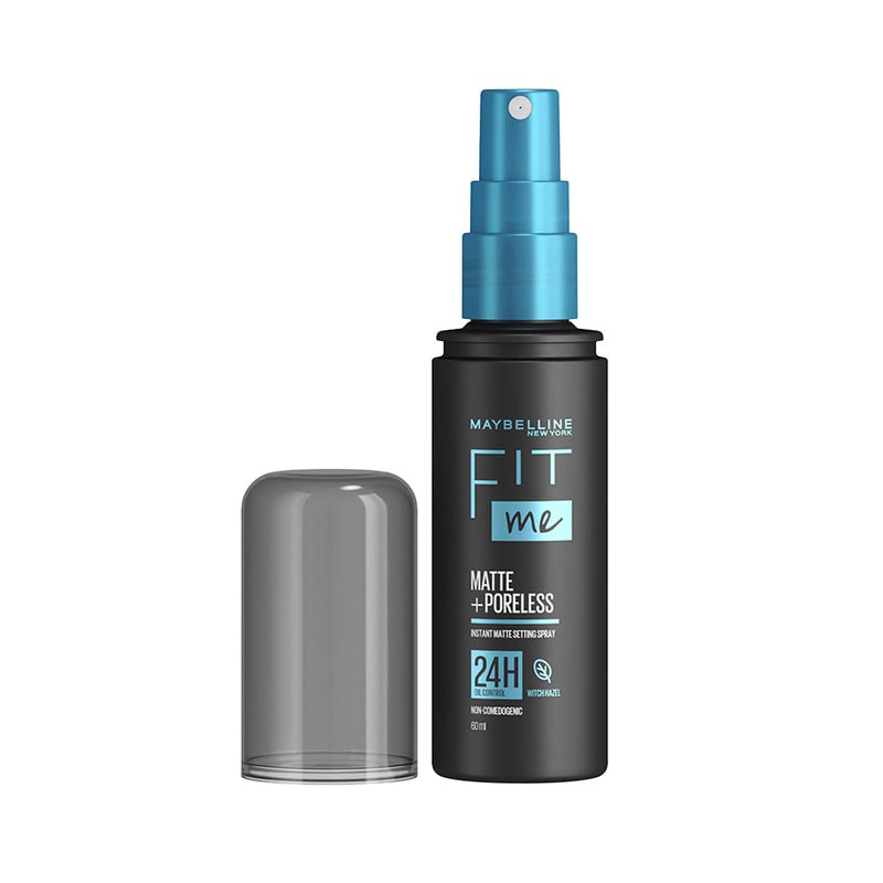 Container of maybelline fit me setting spray on white background.