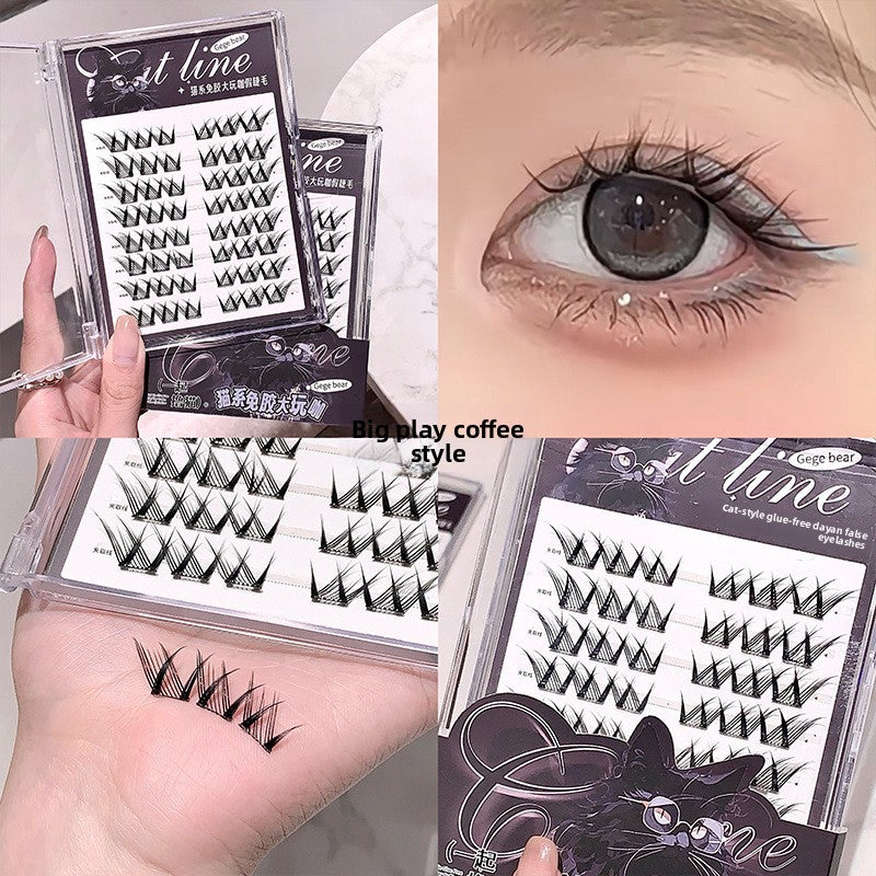 Gege Bear Cat Tie Glue Free Lashes 48pcs a collage of image showing how it looks on eyees and closeup to the design patterns 
