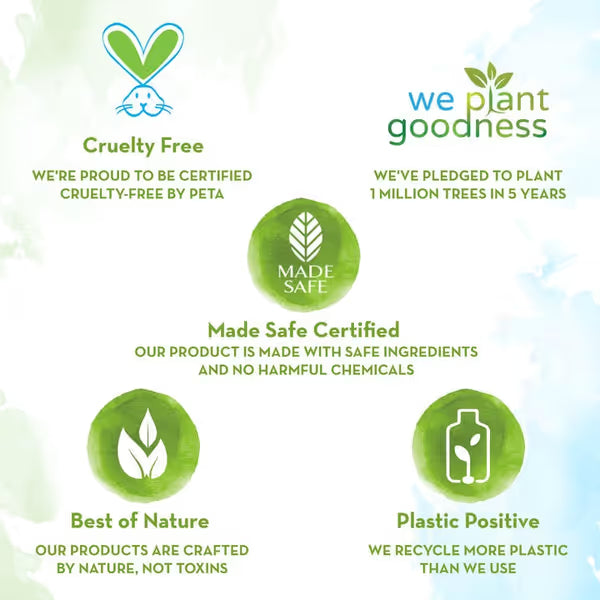 Certification logos and sustainability claims on a white background