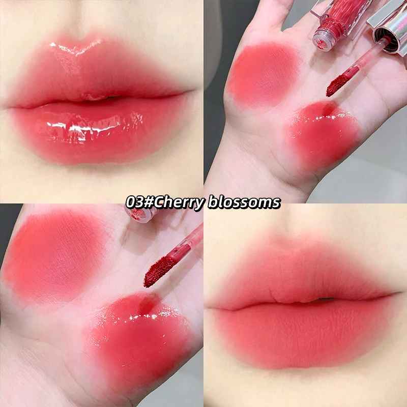 Lip gloss swatches and application on lips with '03# Cherry blossoms' color name.