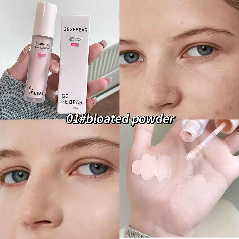 Collage of GEGE BEAR concealer product and its application on skin.