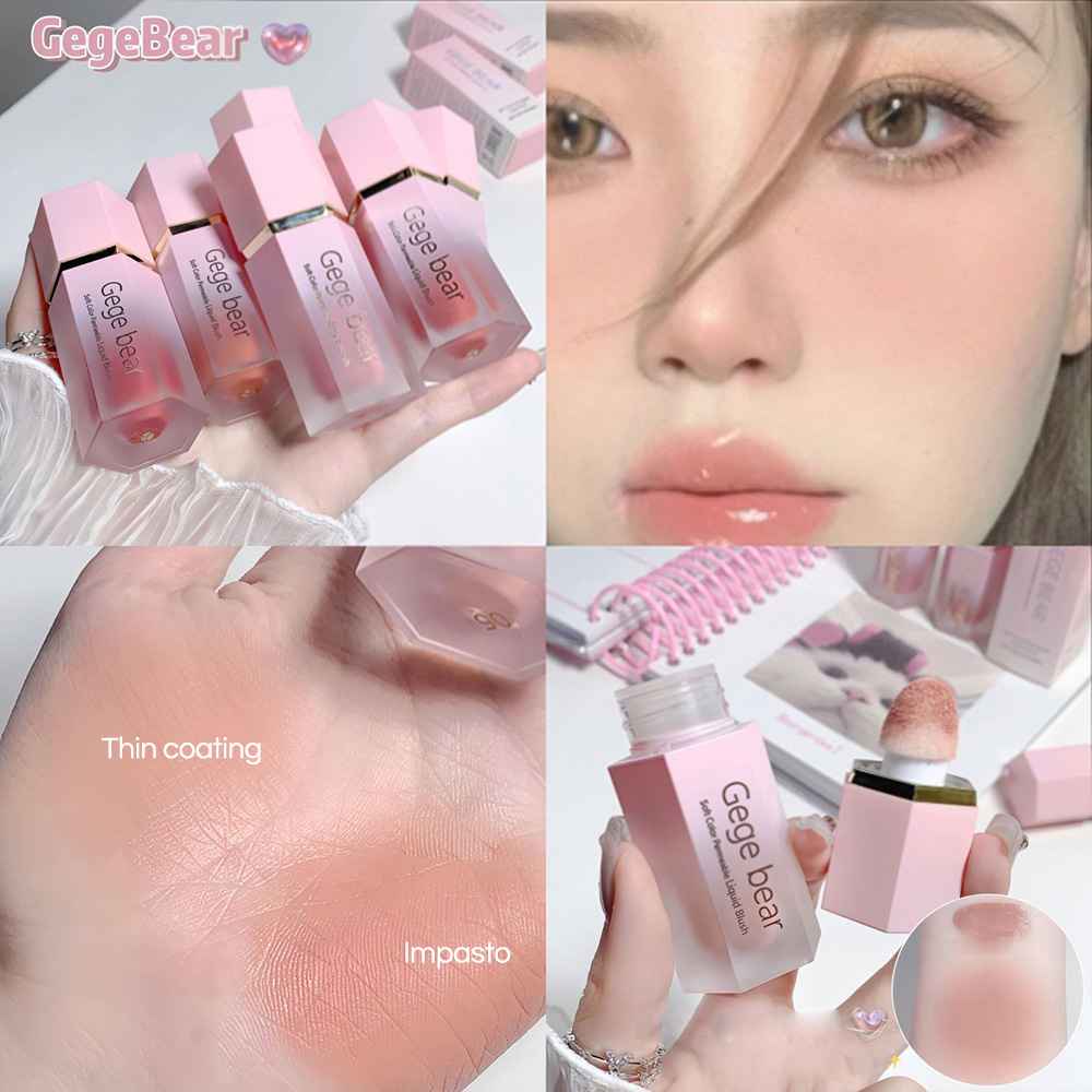 Collage of Gege Bear blush products, close-ups, and application on skin.