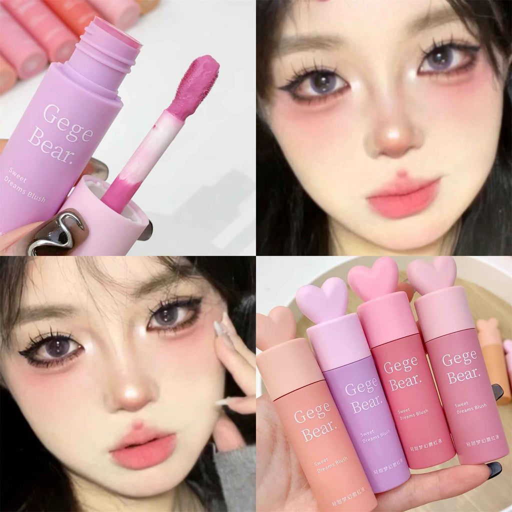 Collage of Gege Bear lip blush with close-ups of a woman applying it.