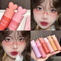 Collage of Gege Bear lip products with close-ups of a person wearing them.
