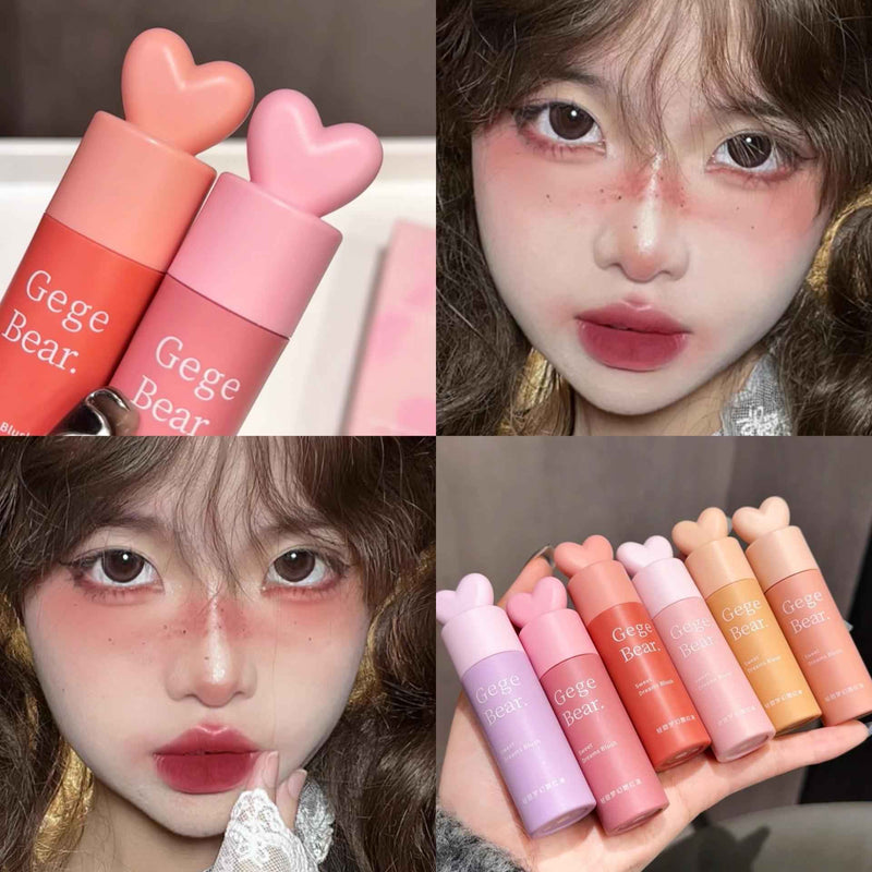 Collage of Gege Bear lip products with close-ups of a person wearing them.