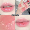 Collage of close-up images of lips with a glossy lip balm application.
