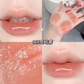 Collage of close-up images of lips with a lip gloss, showing texture and color.