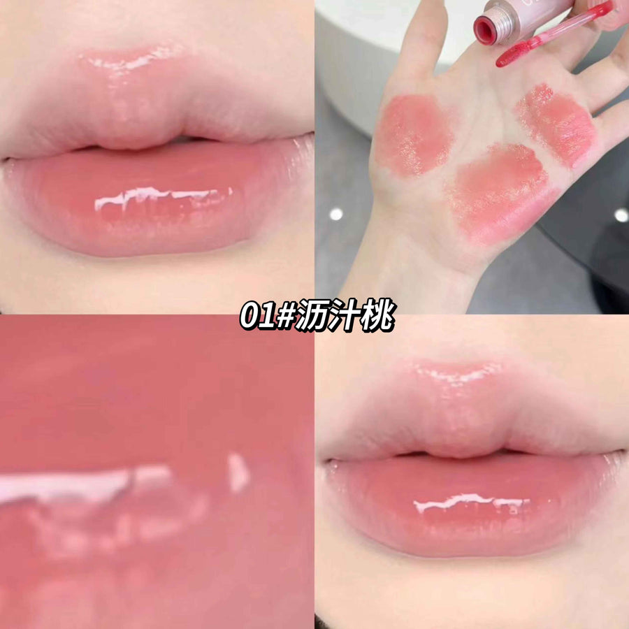 Collage of a glossy pink lip color swatch and application on lips.