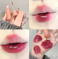 Collage of a pink lip balm, applied on lips and swatched on skin.