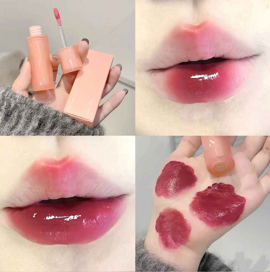 Collage of a pink lip balm, applied on lips and swatched on skin.