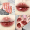 Collage of lip gloss packaging, application on lips, and swatches on skin.