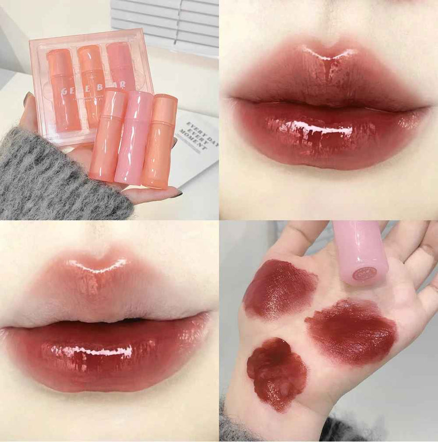 Collage of lip gloss packaging, application on lips, and swatches on skin.