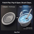 Collapsible cleaningtube shown in collapsed and open states with water and a foundation brush, branded 'Gege Bear'.