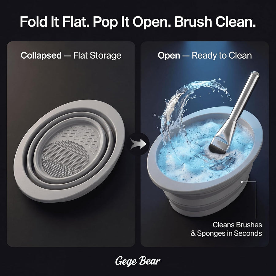 Collapsible cleaningtube shown in collapsed and open states with water and a foundation brush, branded 'Gege Bear'.
