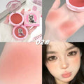 Compact blush shade with packaging featuring a dog illustration, applied to skin, and on a person's face.