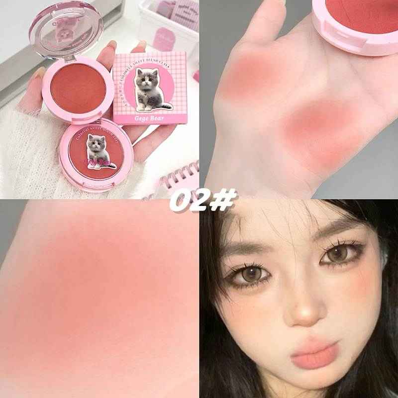 Compact blush shade with packaging featuring a dog illustration, applied to skin, and on a person's face.