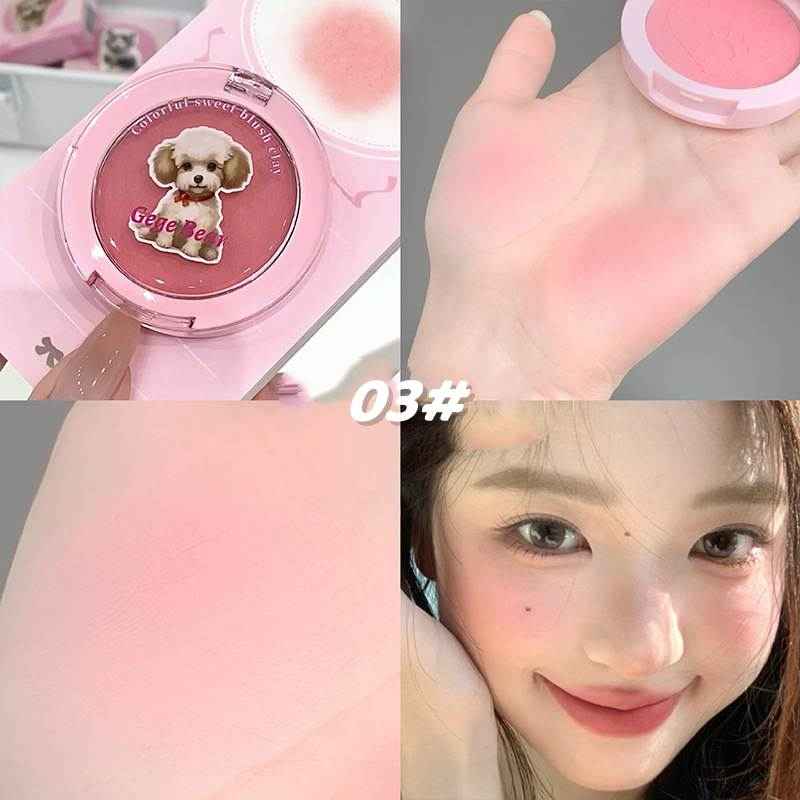 Compact blush shade with a dog illustration and blush on a hand, close-up of blush application, and a person wearing pink blush.