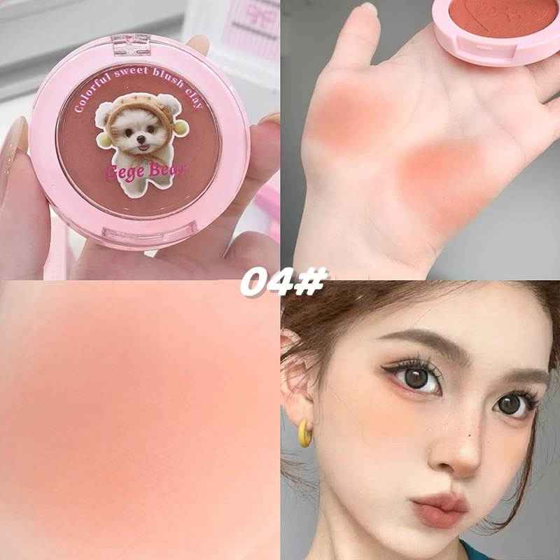Compact blush shade with packaging, application on skin, and color swatch.