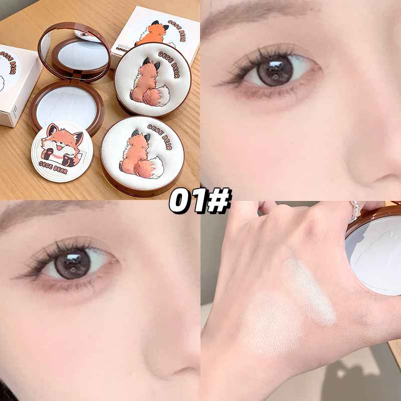 Makeup product with cartoon fox design on packaging, applied to eye area.