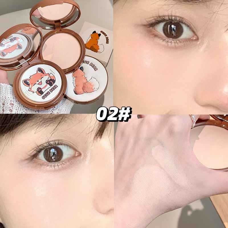 Makeup compact with cartoon design, close-up of eye with product, and hand holding the compact.