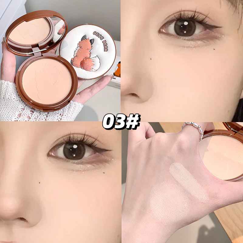 Collage of a compact powder, close-up of eyes, and application on skin.