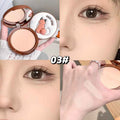 Collage of a compact powder, close-up of eyes, and application on skin.