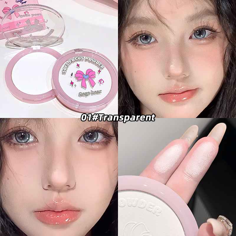 Compact powder with packaging and application on skin, featuring a pink bow design.
