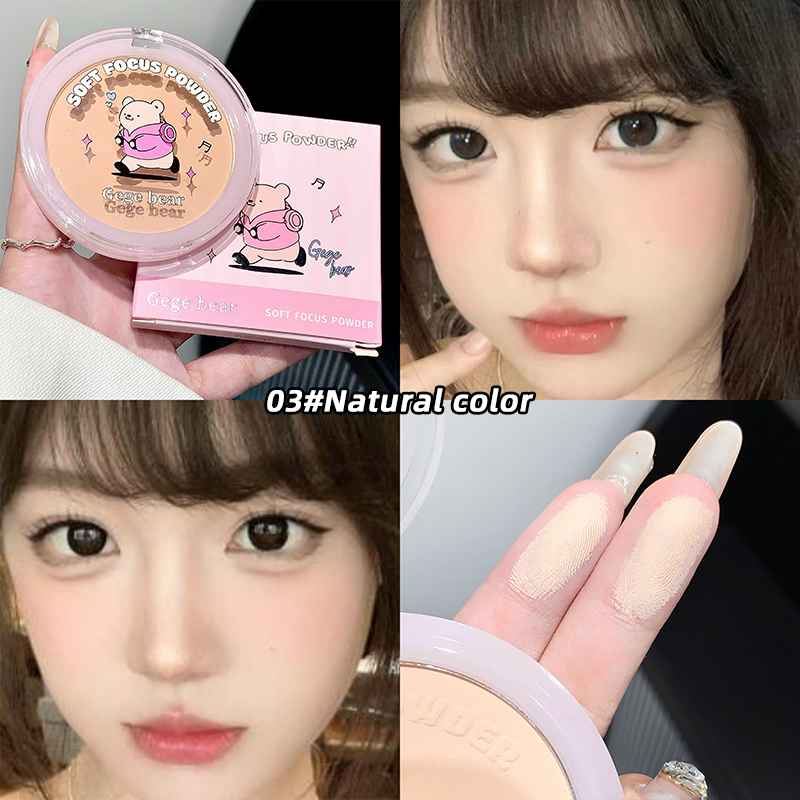 Compact powder with packaging, close-up of powder on skin, and hand holding powder.