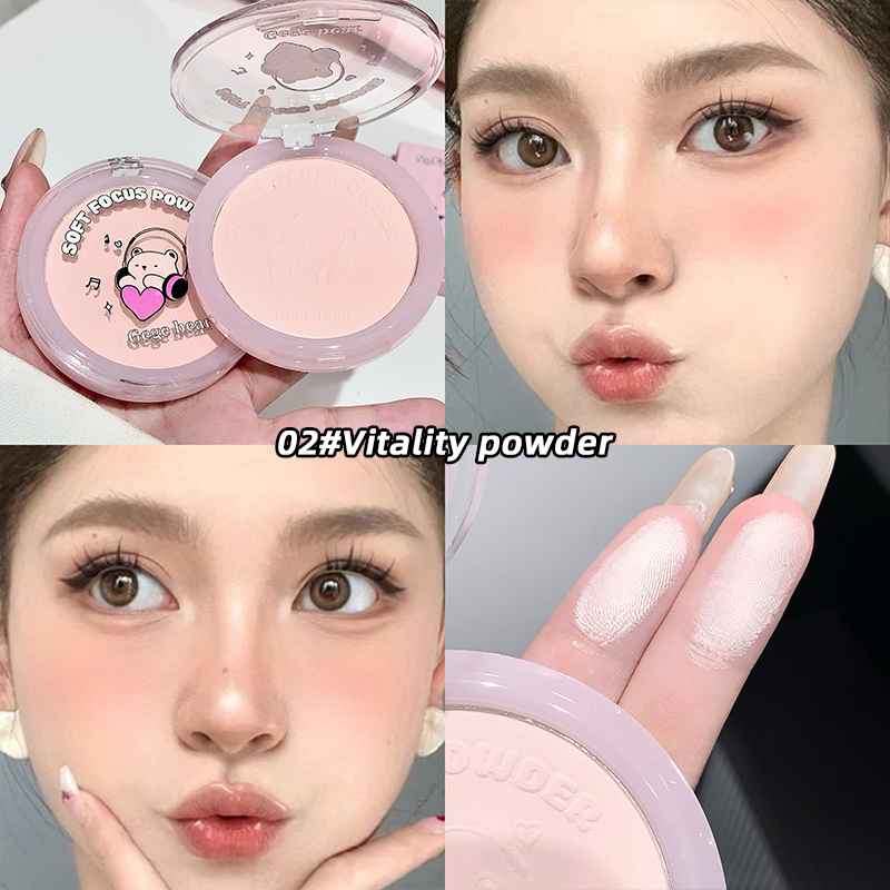 Collage of a compact powder case, a woman's face with the powder applied, and close-up of the powder on skin.