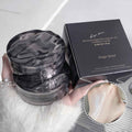 Cushion foundation container with packaging and close-up of cream on skin