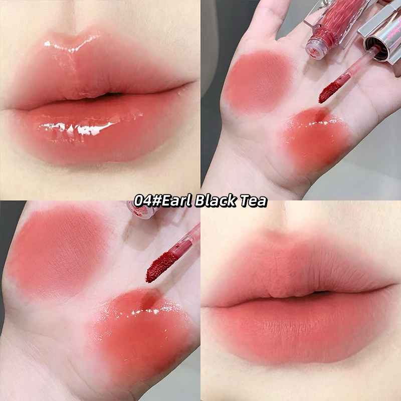 Lipstick swatches on a hand and close-up of lips with '04# Earl Black Tea' shade.