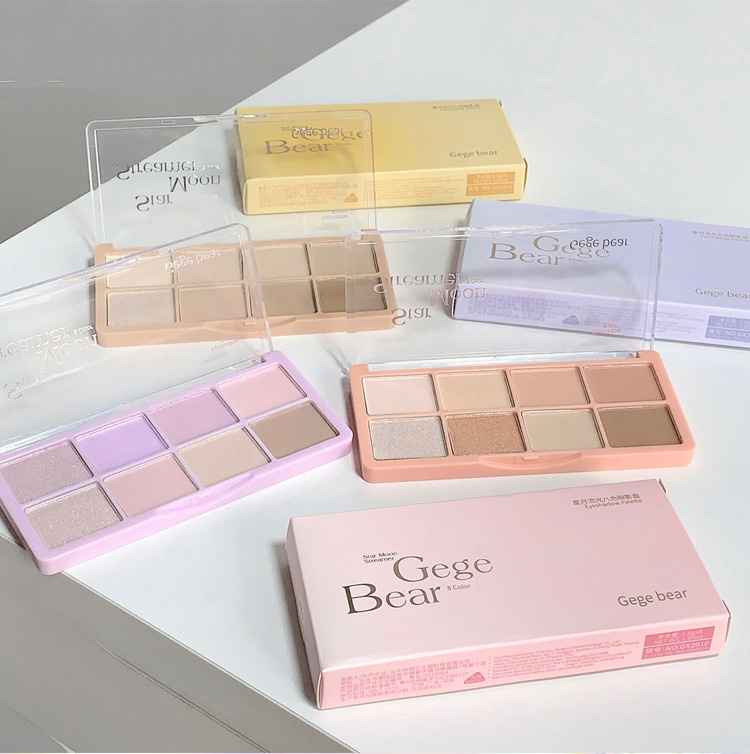 Eye-shadow palette with 'Gege Bear' branding on a light surface