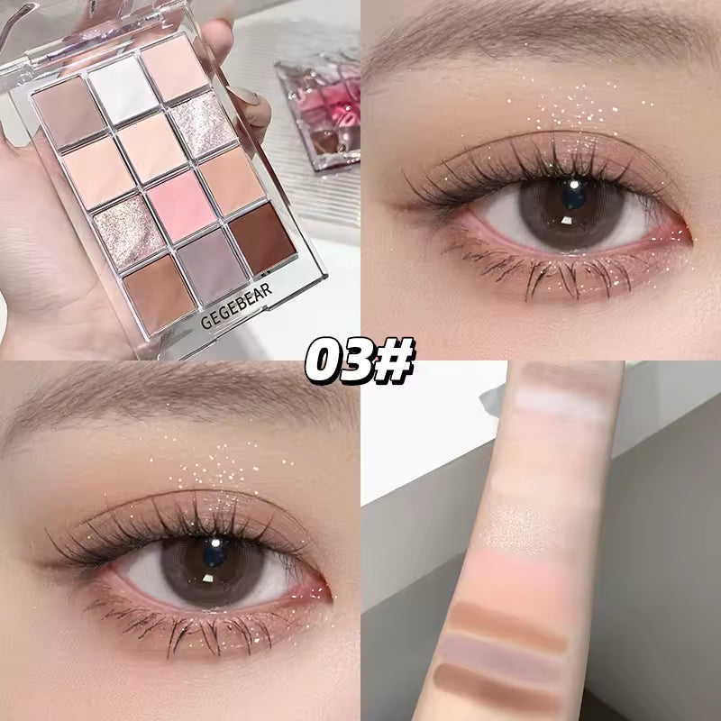 Gege Bear 12-Color Eyeshadow Palette - Matte & Shimmer Finishes, 12 Long-Lasting Nude/Pink/Brown Neutral Tones, No Crease Formula for party, Wedding, Travel Makeup - All-Skill Level Beauty Palette