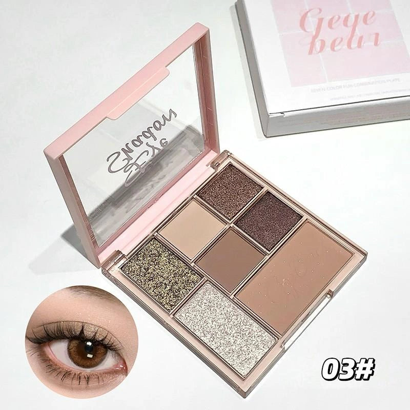 Makeup palette with six colors and a close-up of an eye wearing the product.