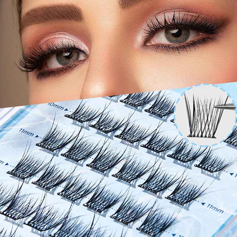Eyelash extensions on a blue tray with a close-up of a woman's eyes wearing them.