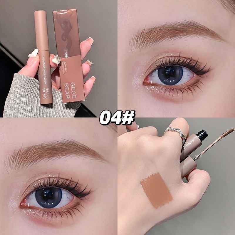 Eyebrow gel with close-up shots of application on eyes and eyebrows.