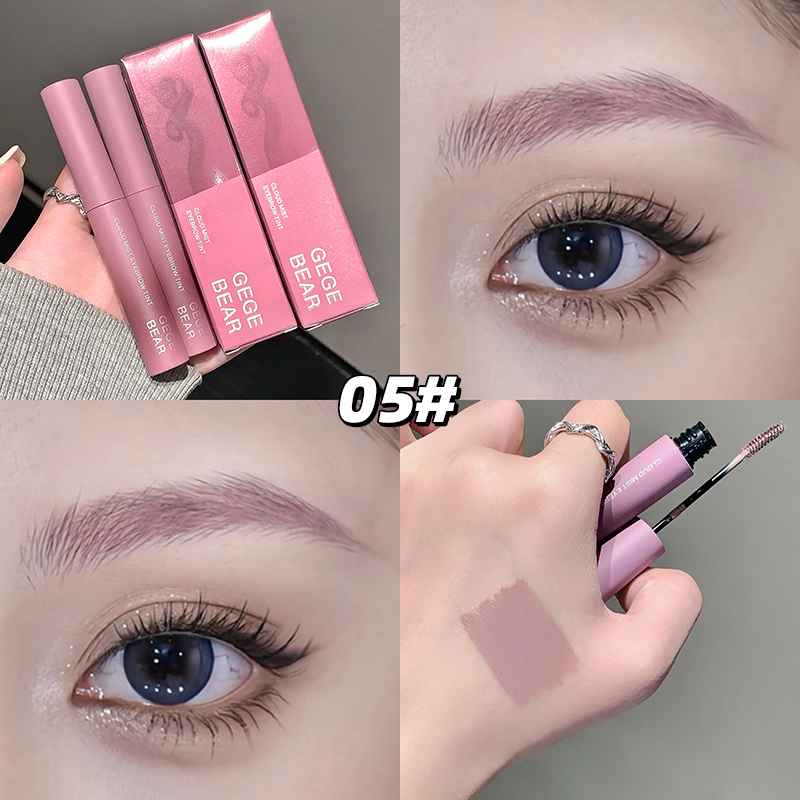 Collage of pink eyebrow gel, and a swatch on skin.