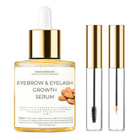 Eyebrow and eyelash growth serum with applicator on a white background