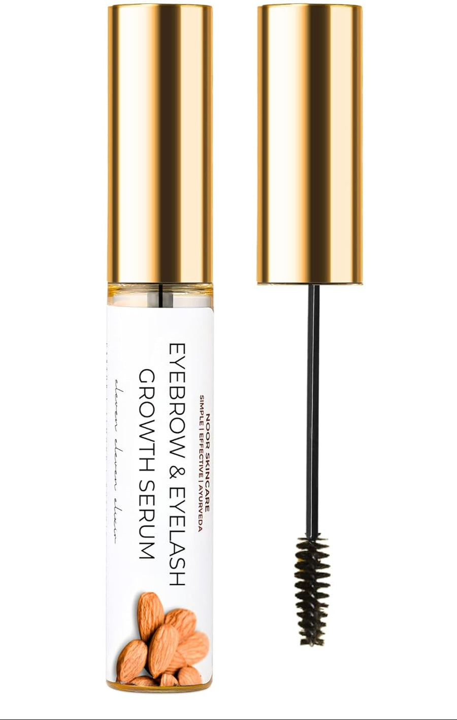 Eyebrow and eyelash growth serum with gold cap and clear container on white background