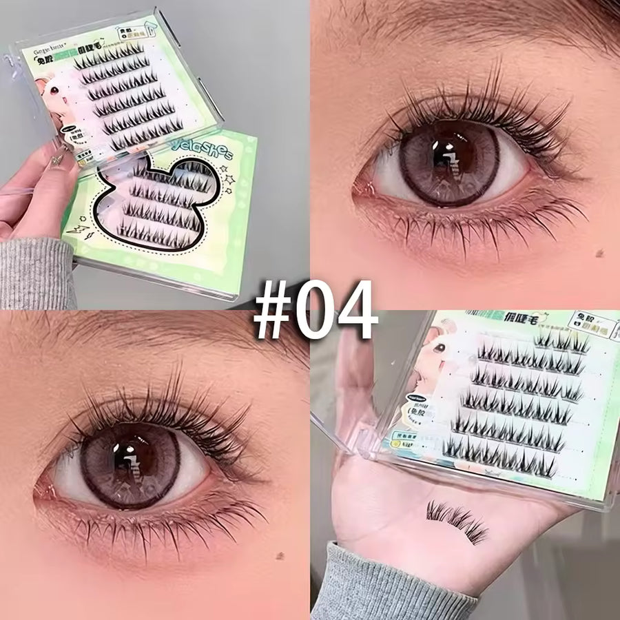 False eyelashes packaging and application on eyes with close-up shots.