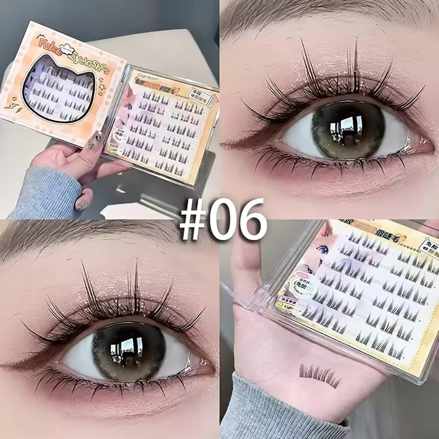 Collage of false eyelashes packaging and application on eyes with '#06' label.