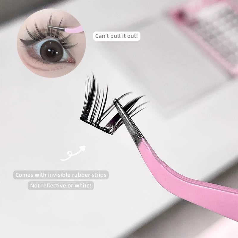 Gege Bear 48 Clusters Flase Eyelash being applied on the eye with pink tweezers and showing note that how strongly it stucks 