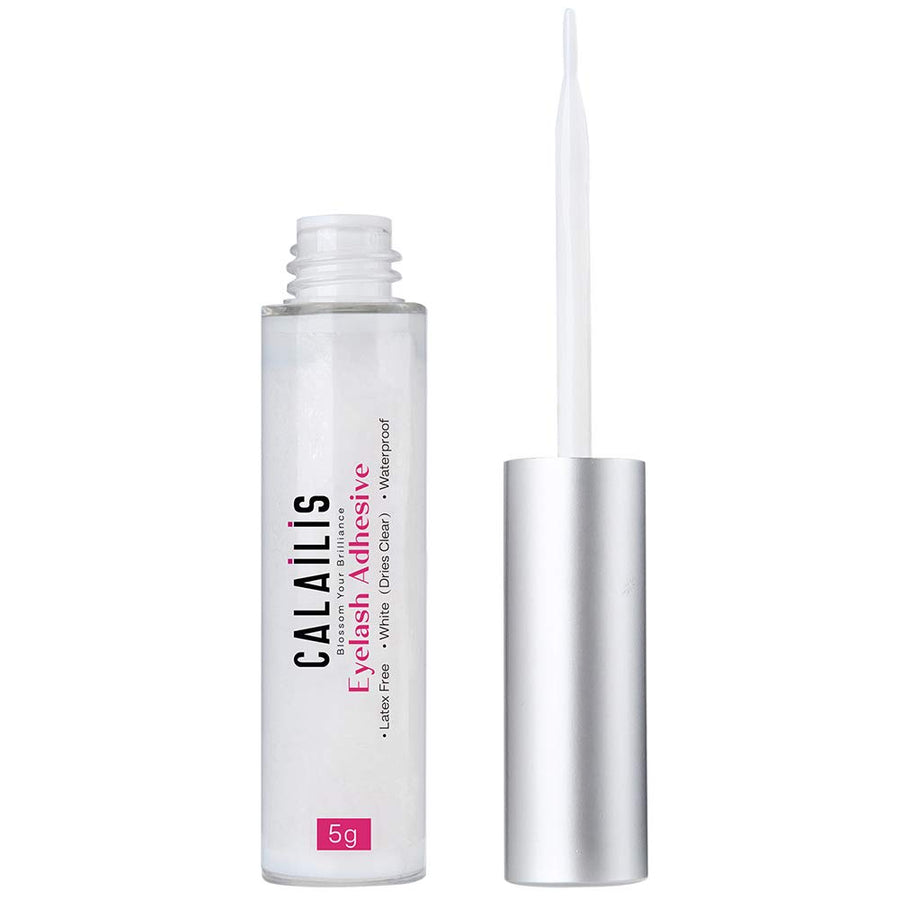 Eyelash adhesive bottle with applicator on a white background