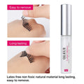 Eyelash adhesive with application examples and product name on a white background
