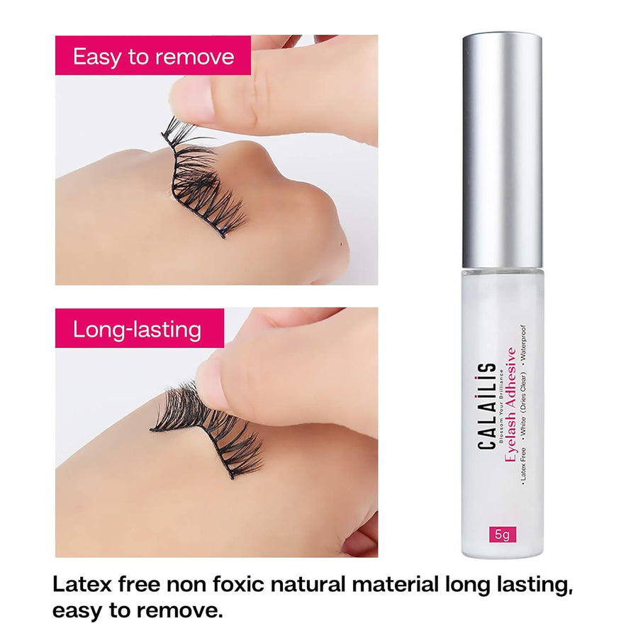 Eyelash adhesive with application examples and product name on a white background
