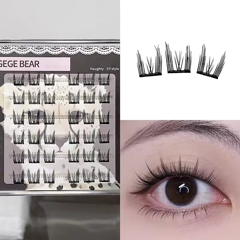 False eyelashes packaging, individual lashes, and an eye wearing the lashes.